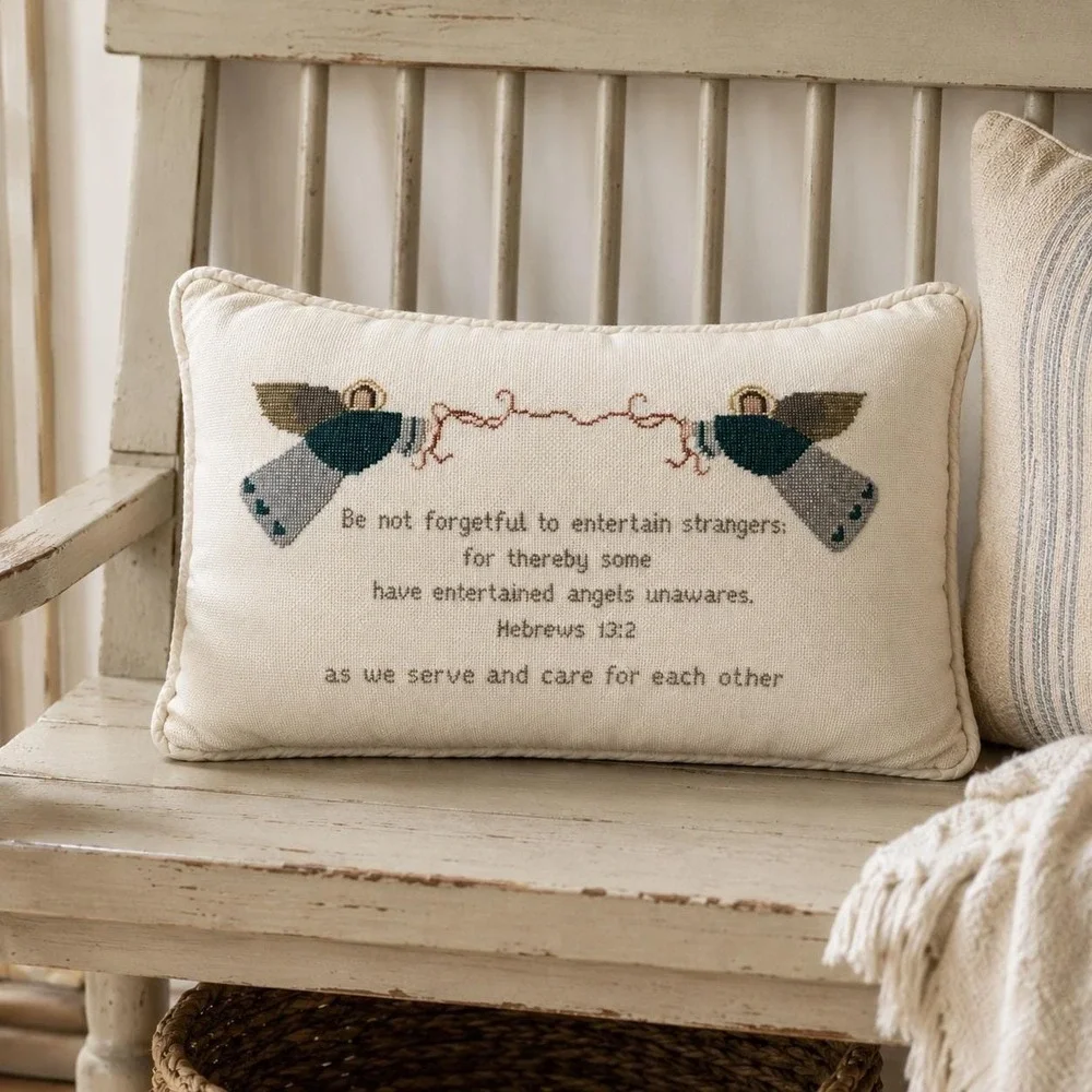 Vintage Cross Stitch Pillow Bible Verse Hebrews Cottagecore Bird Needlework
